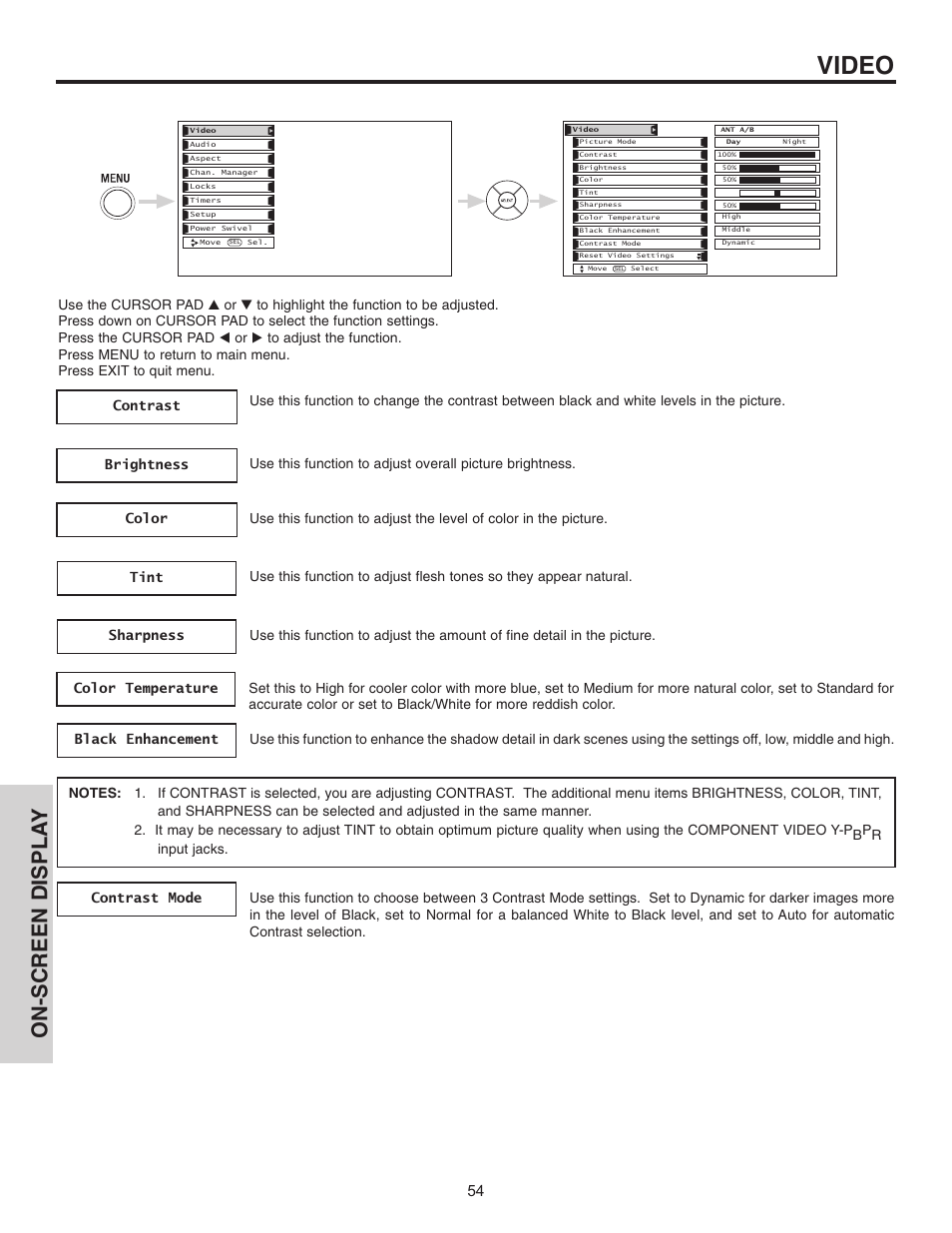 Video, On-screen displa y | Hitachi 55HDT51 User Manual | Page 54 / 100