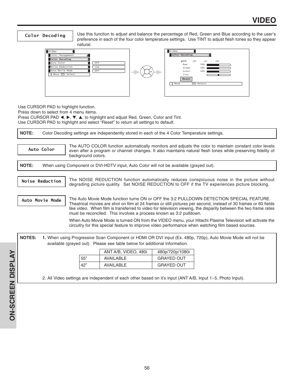 Video, On-screen displa y | Hitachi 55HDT51 User Manual | Page 56 / 100