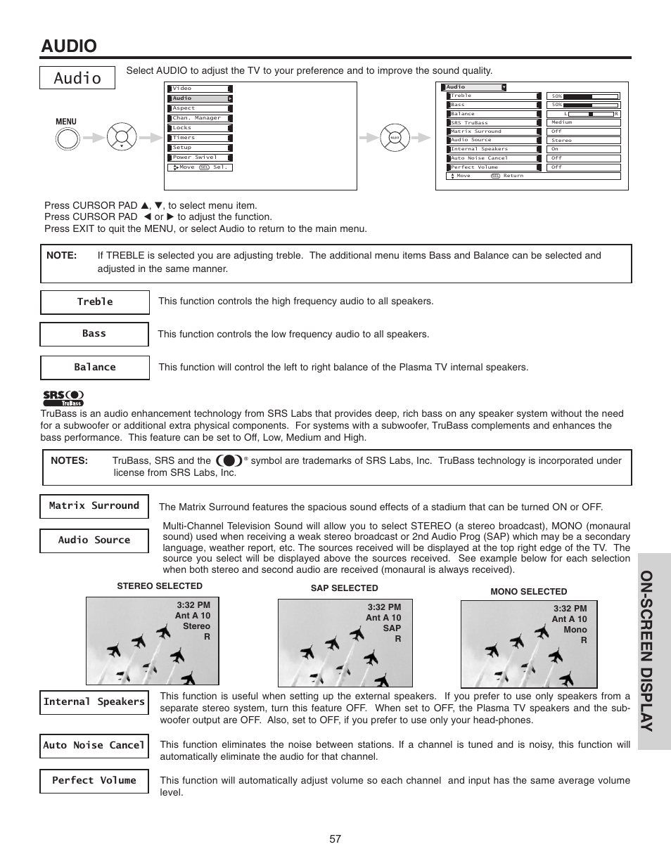 Audio, On-screen displa y | Hitachi 55HDT51 User Manual | Page 57 / 100