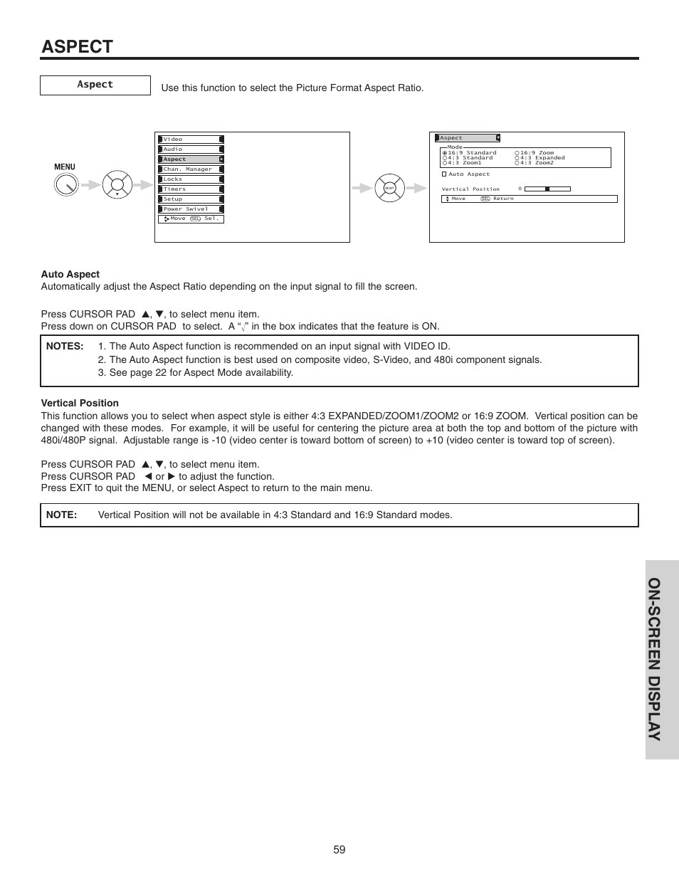 Aspect, On-screen displa y | Hitachi 55HDT51 User Manual | Page 59 / 100