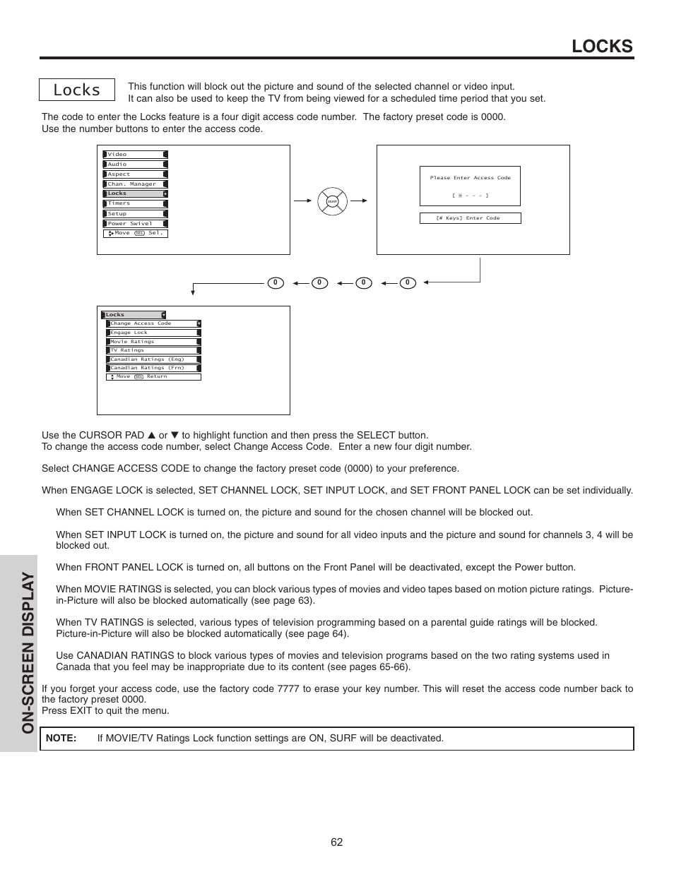 Locks, On-screen displa y | Hitachi 55HDT51 User Manual | Page 62 / 100