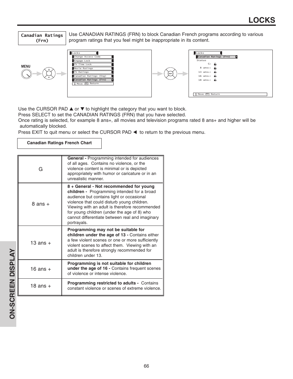 Locks, On-screen displa y | Hitachi 55HDT51 User Manual | Page 66 / 100