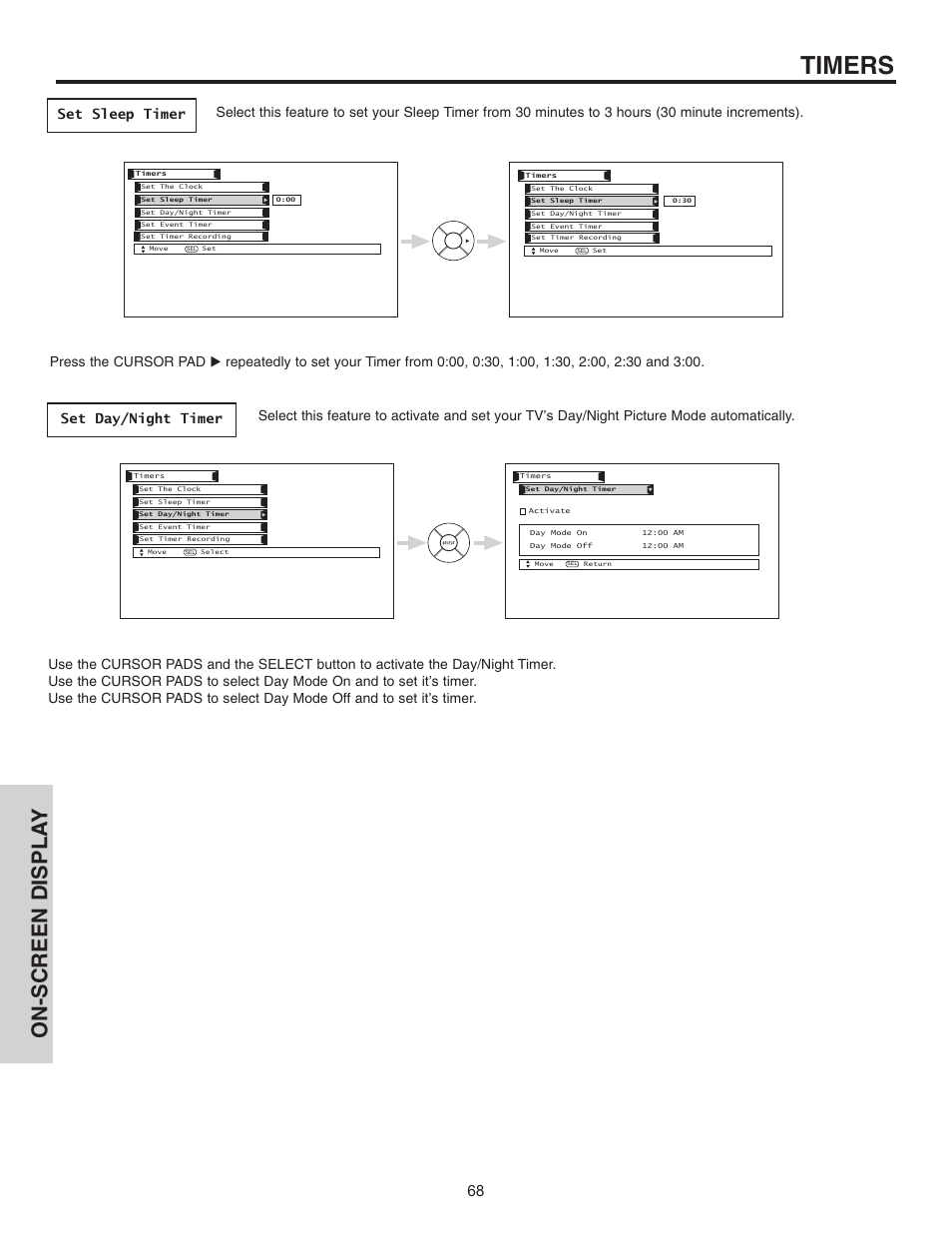 Timers, On-screen displa y | Hitachi 55HDT51 User Manual | Page 68 / 100