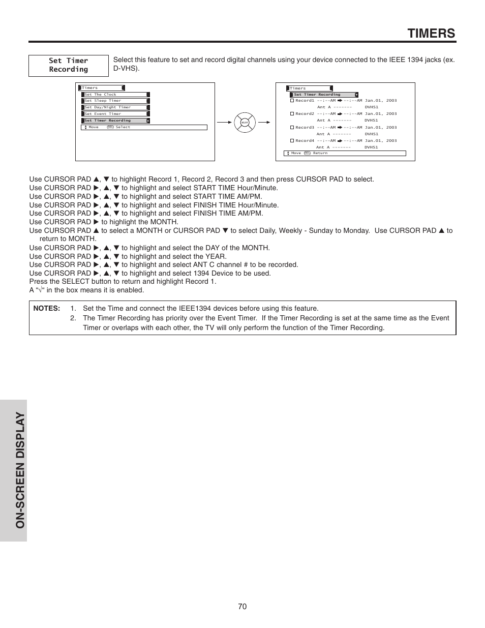 Timers, On-screen displa y | Hitachi 55HDT51 User Manual | Page 70 / 100