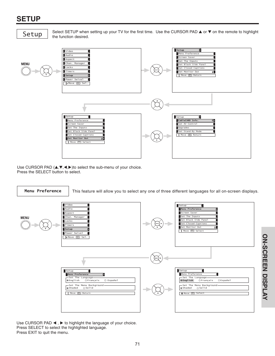 Setup, On-screen displa y | Hitachi 55HDT51 User Manual | Page 71 / 100