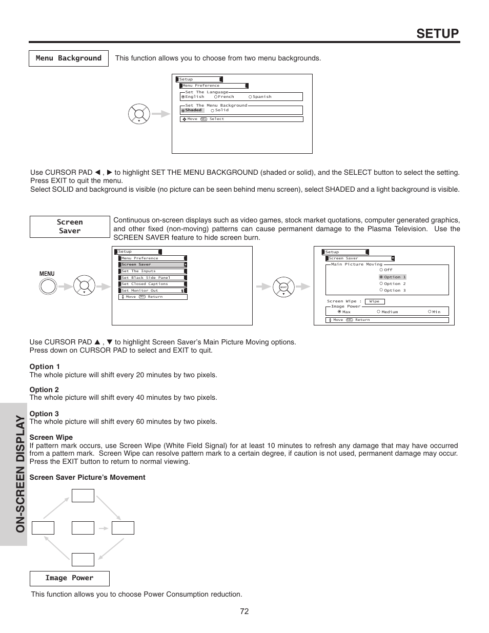 Setup, On-screen displa y | Hitachi 55HDT51 User Manual | Page 72 / 100