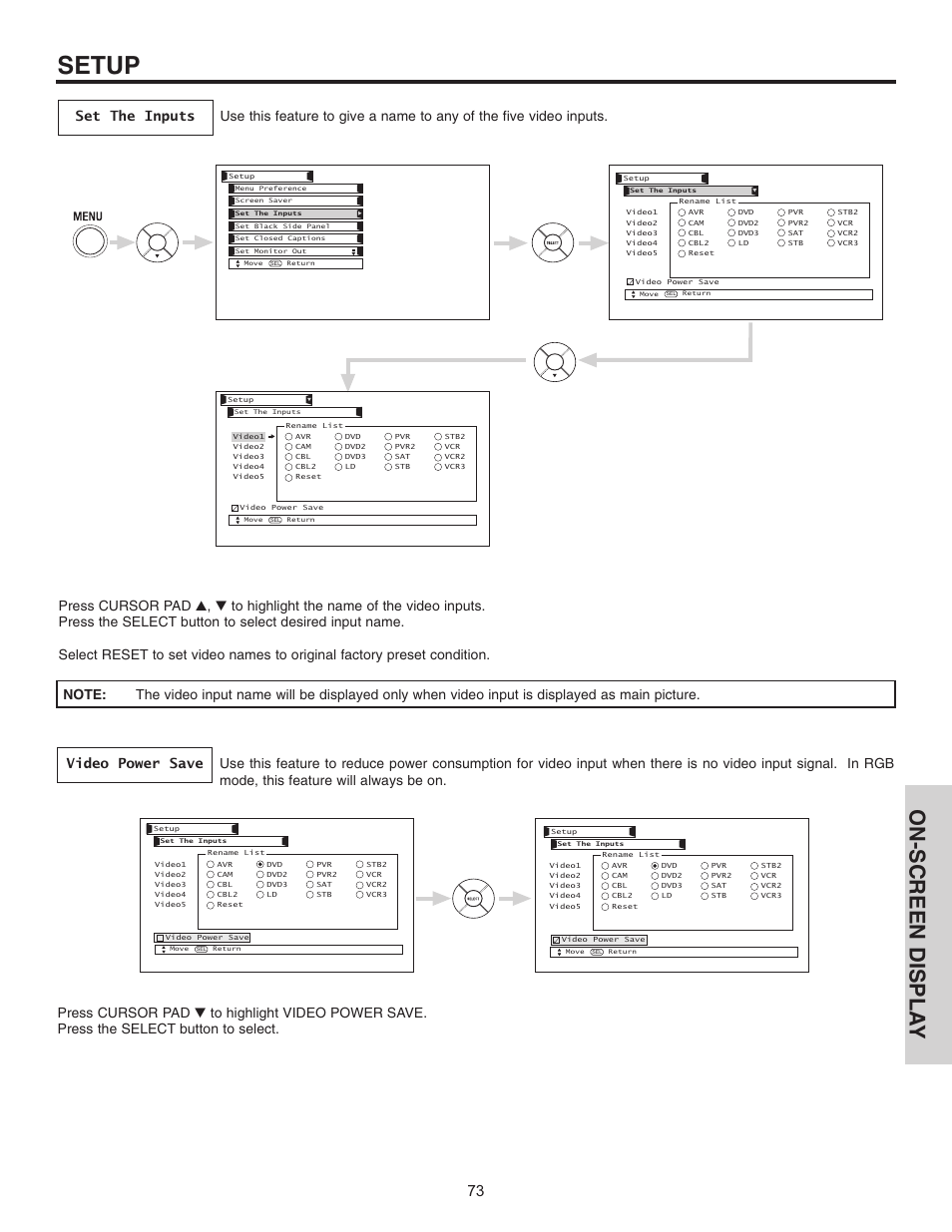 Setup, On-screen displa y | Hitachi 55HDT51 User Manual | Page 73 / 100