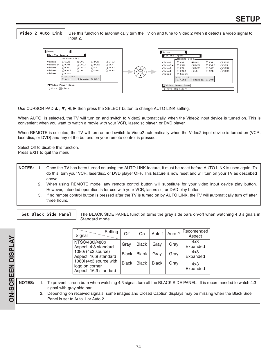 Setup, On-screen displa y | Hitachi 55HDT51 User Manual | Page 74 / 100