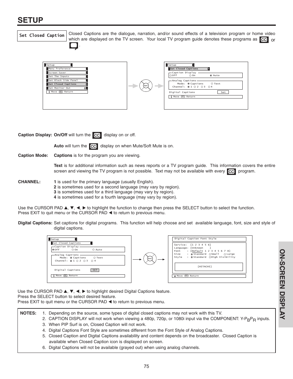 Setup, On-screen displa y, Set closed caption | Hitachi 55HDT51 User Manual | Page 75 / 100