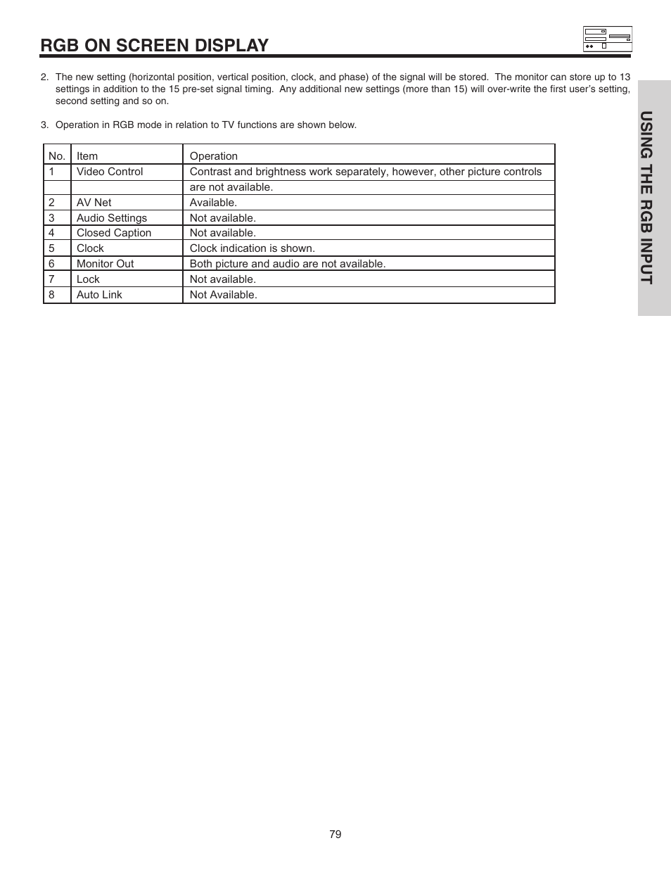 Rgb on screen display, Using the rgb input | Hitachi 55HDT51 User Manual | Page 79 / 100