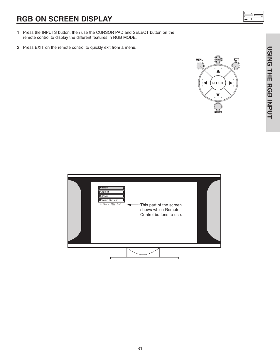 Rgb on screen display, Using the rgb input | Hitachi 55HDT51 User Manual | Page 81 / 100