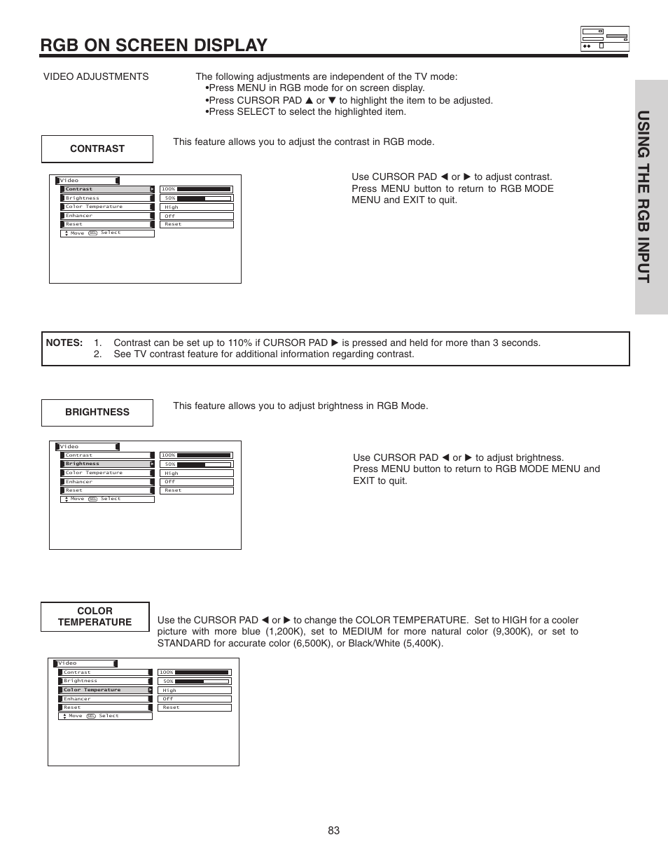 Rgb on screen display, Using the rgb input | Hitachi 55HDT51 User Manual | Page 83 / 100