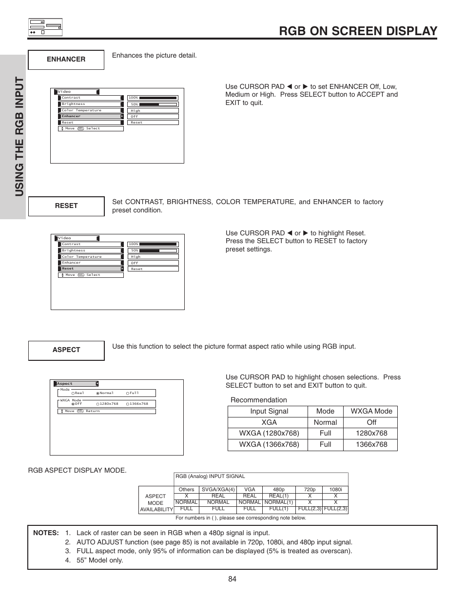 Rgb on screen display, Using the rgb input | Hitachi 55HDT51 User Manual | Page 84 / 100