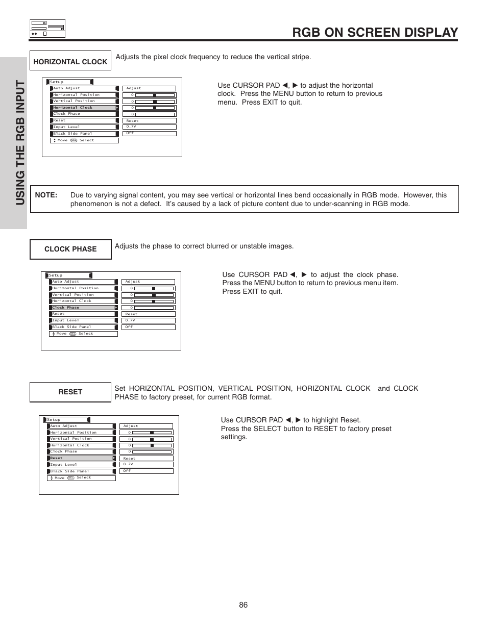 Rgb on screen display, Using the rgb input | Hitachi 55HDT51 User Manual | Page 86 / 100