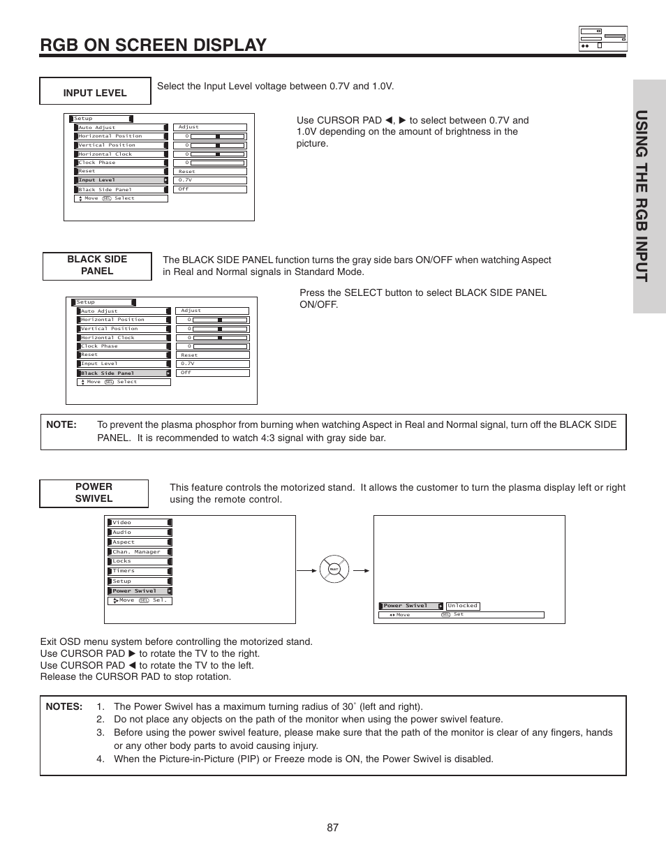 Rgb on screen display, Using the rgb input | Hitachi 55HDT51 User Manual | Page 87 / 100