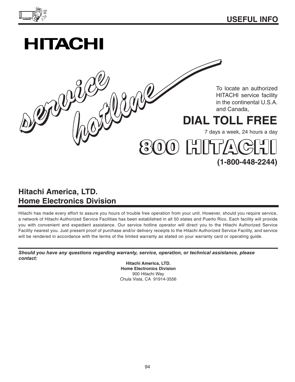 Dial toll free, Useful info, Hitachi america, ltd. home electronics division | Hitachi 55HDT51 User Manual | Page 94 / 100