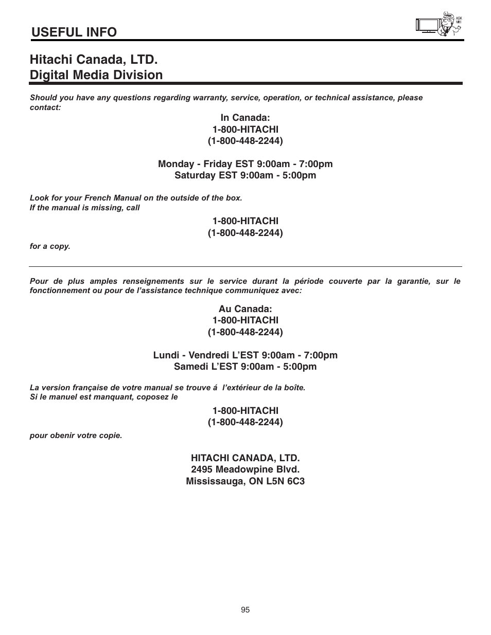 Useful info, Hitachi canada, ltd. digital media division | Hitachi 55HDT51 User Manual | Page 95 / 100