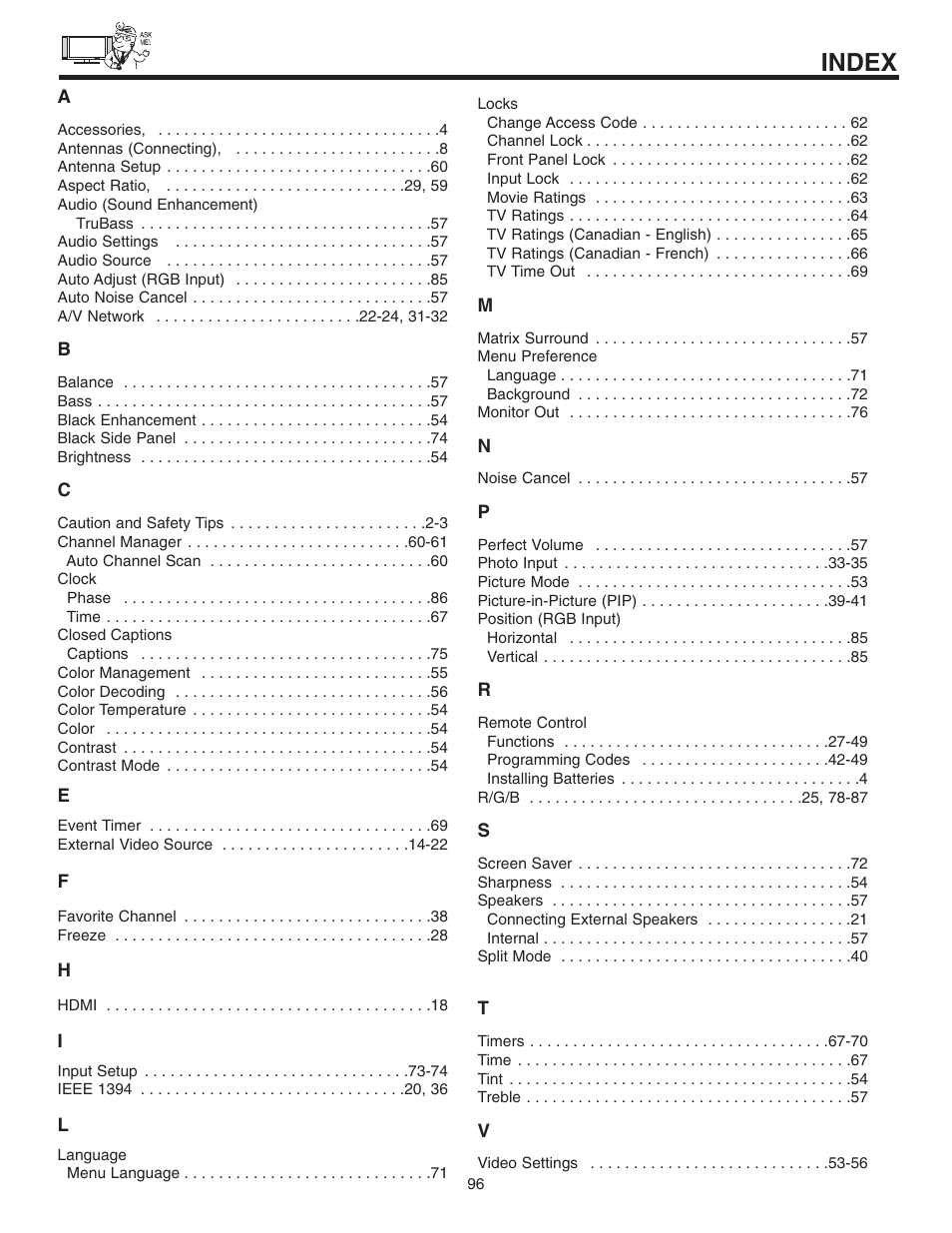 Index | Hitachi 55HDT51 User Manual | Page 96 / 100