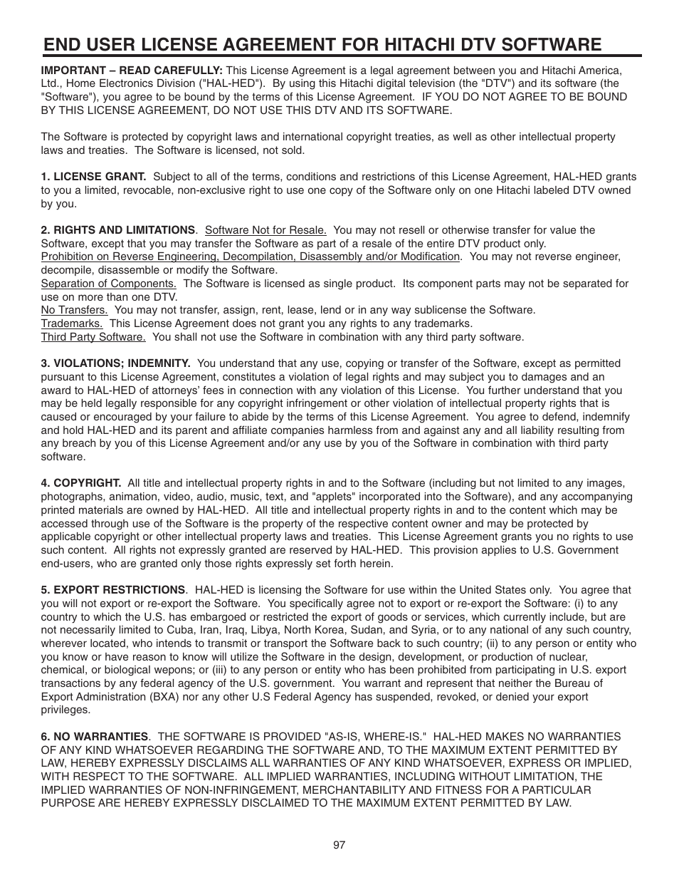 Hitachi 55HDT51 User Manual | Page 97 / 100
