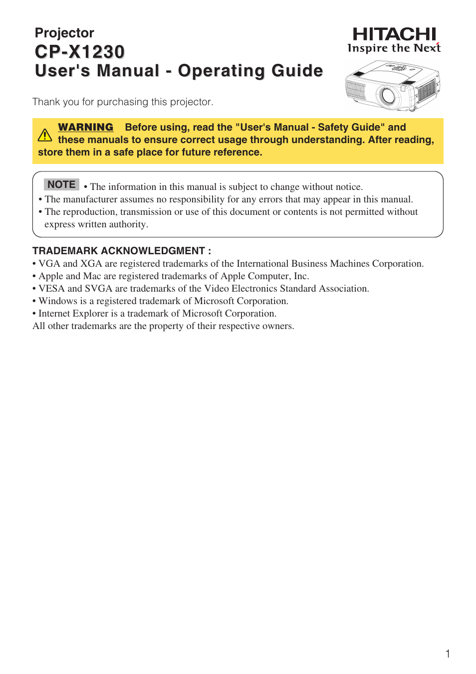 Hitachi CP-X1230 User Manual | 44 pages