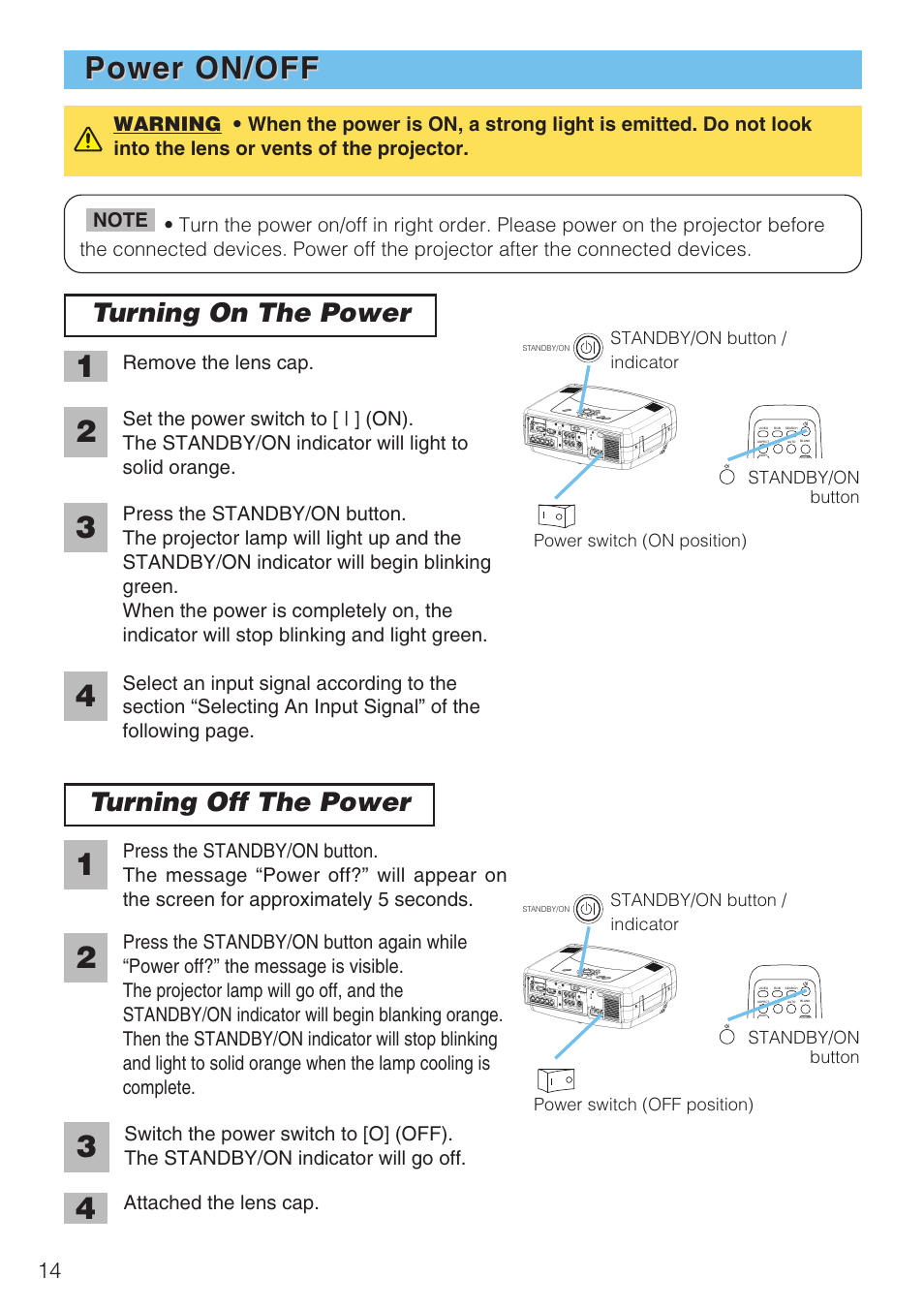 Power on/off ·······························14, Power on/off, Turning on the power | Turning off the power, Remove the lens cap | Hitachi CP-X1230 User Manual | Page 14 / 44