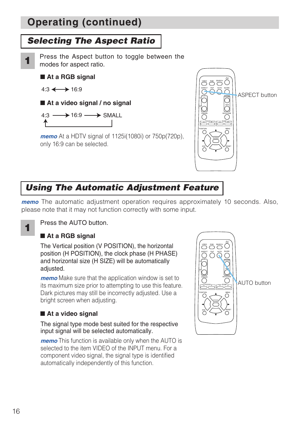 Operating (continued), Selecting the aspect ratio, Using the automatic adjustment feature | Press the auto button, Aspect button auto button | Hitachi CP-X1230 User Manual | Page 16 / 44