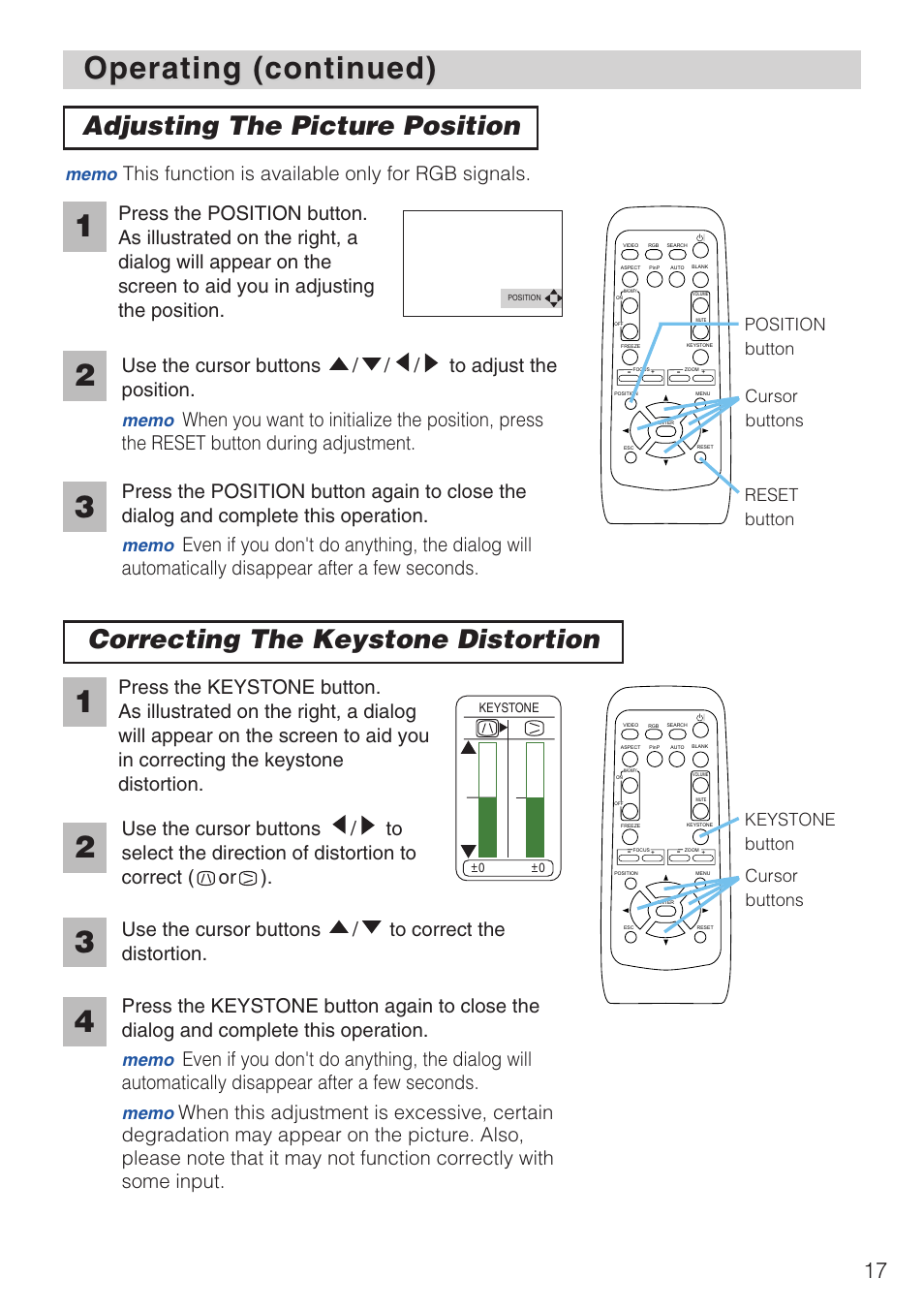 Operating (continued), Adjusting the picture position, Correcting the keystone distortion | Use the cursor buttons / to correct the distortion, This function is available only for rgb signals, Cursor buttons | Hitachi CP-X1230 User Manual | Page 17 / 44