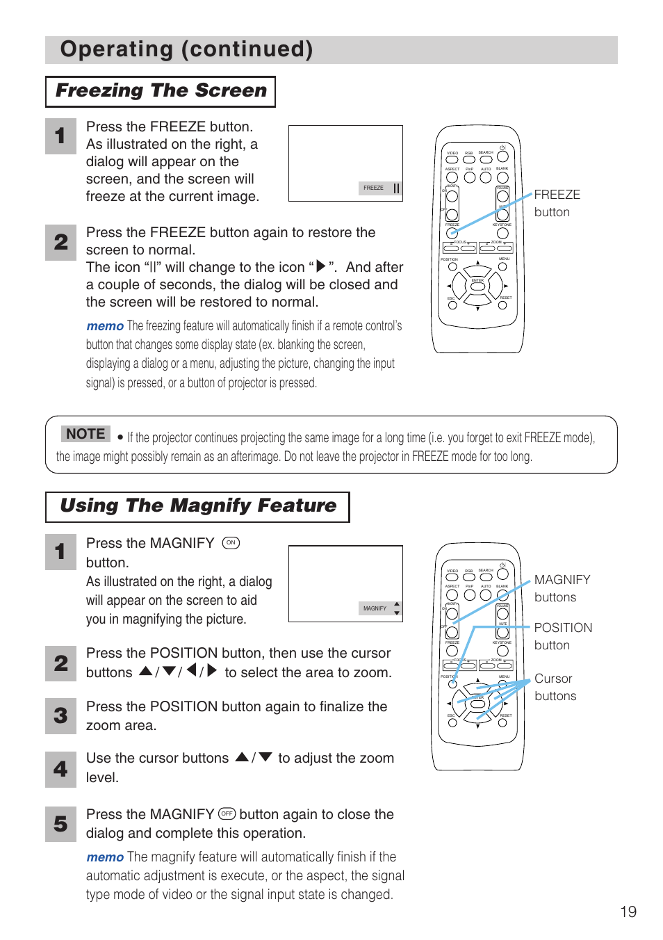 Operating (continued), Freezing the screen, Using the magnify feature | Freeze button, Position button cursor buttons magnify buttons | Hitachi CP-X1230 User Manual | Page 19 / 44