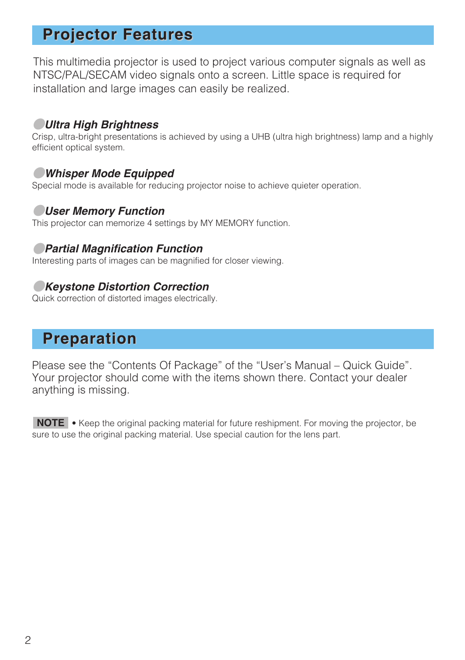 Projector features, Projector features preparation preparation | Hitachi CP-X1230 User Manual | Page 2 / 44