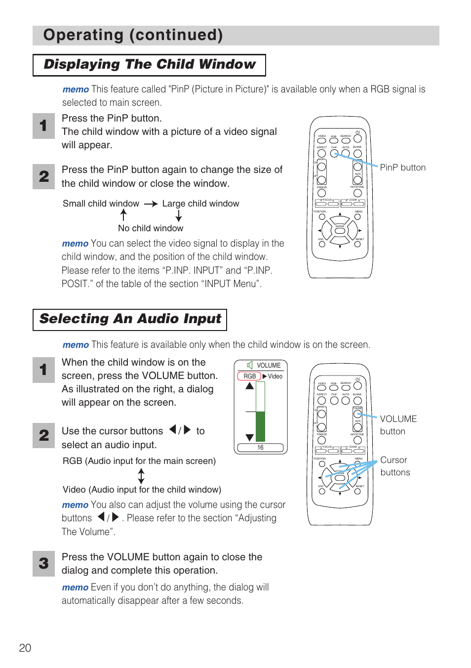 Operating (continued), Displaying the child window, Selecting an audio input | Cursor buttons | Hitachi CP-X1230 User Manual | Page 20 / 44