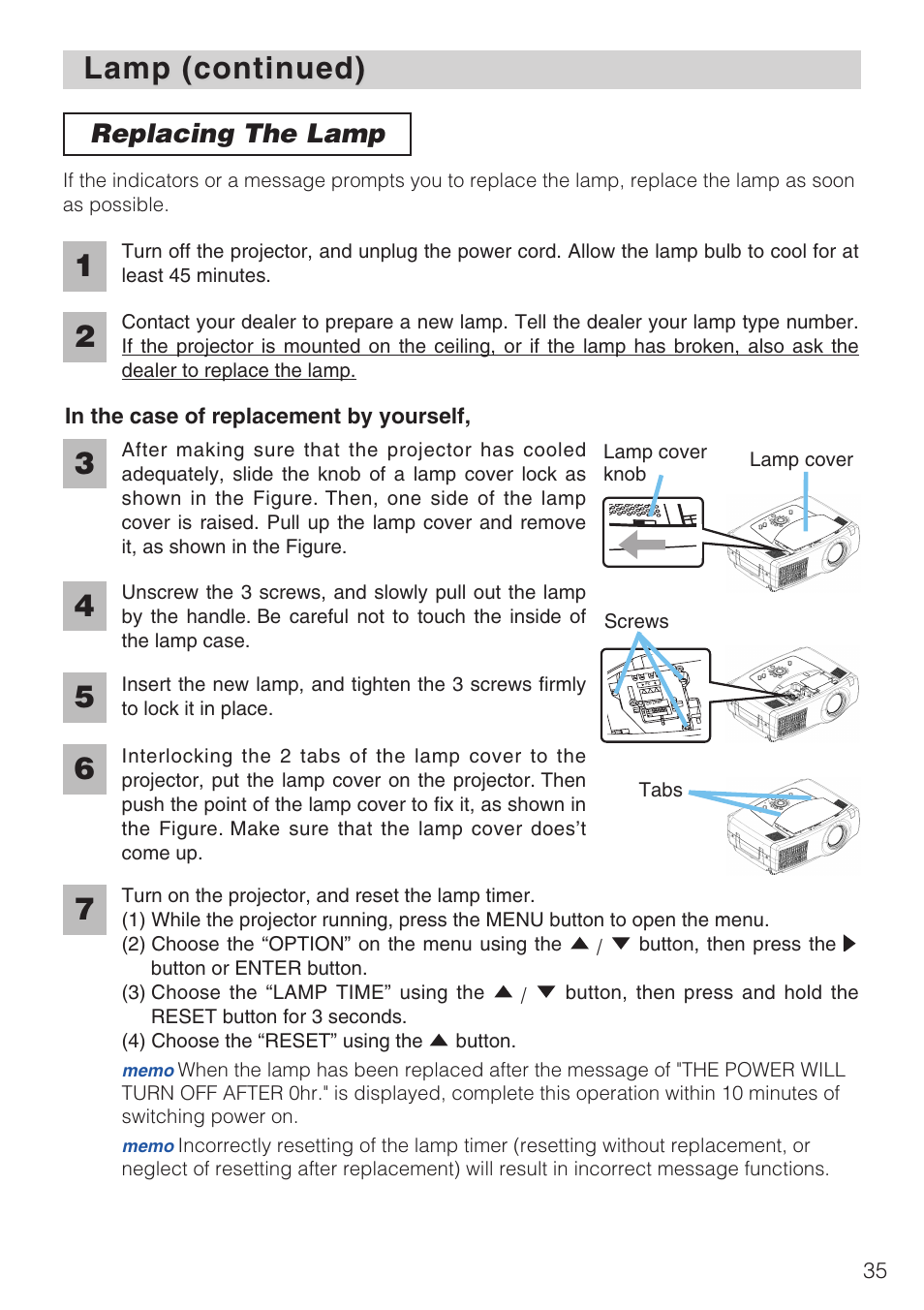 Replacing the lamp·····················35, Lamp (continued), Replacing the lamp | Hitachi CP-X1230 User Manual | Page 35 / 44