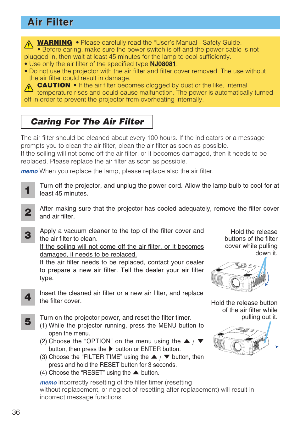 Caring for the air filter ···············36, Air filter, Caring for the air filter | Hitachi CP-X1230 User Manual | Page 36 / 44