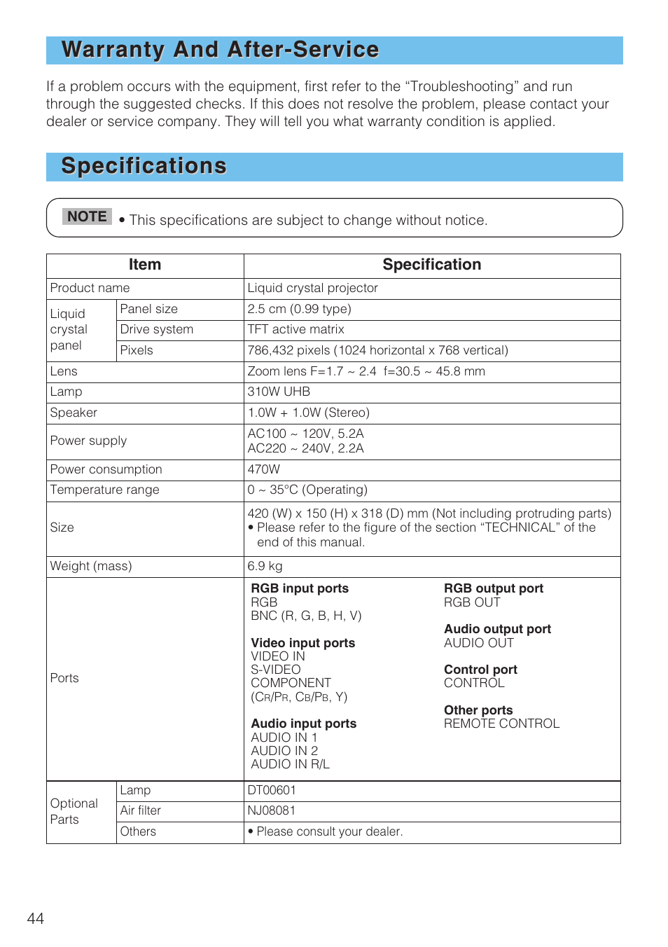 Hitachi CP-X1230 User Manual | Page 44 / 44