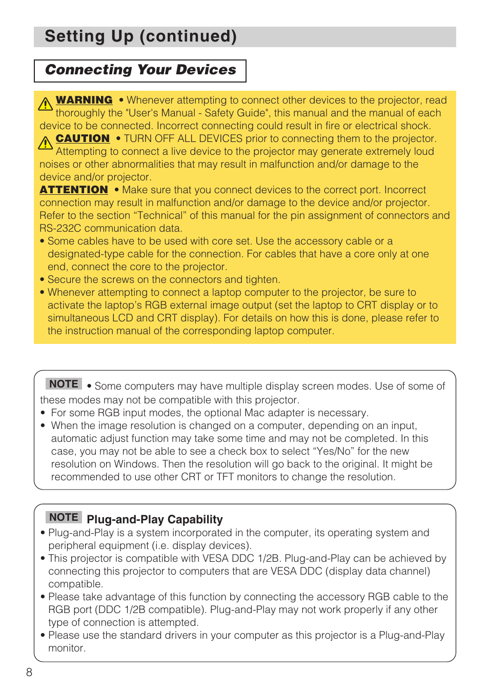 Connecting your devices ···············8, Setting up (continued), Connecting your devices | Hitachi CP-X1230 User Manual | Page 8 / 44