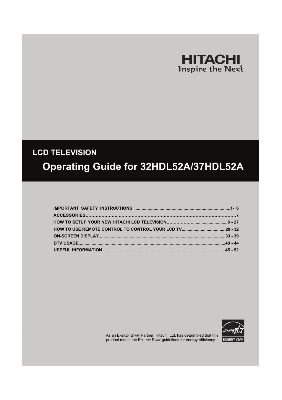 Hitachi 37HDL52A User Manual | 53 pages