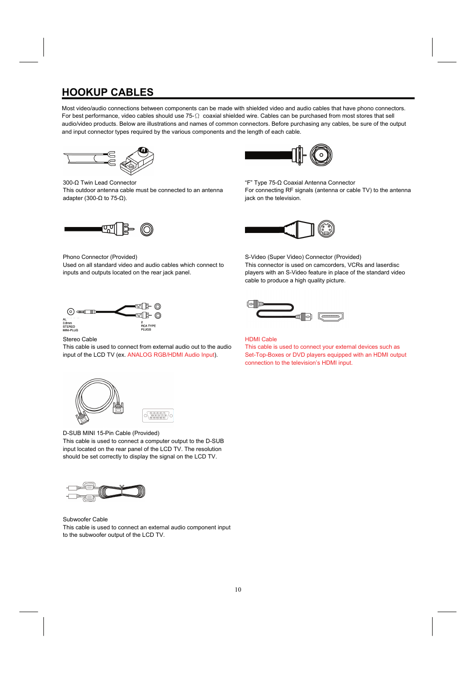 Hookup cables | Hitachi 37HDL52A User Manual | Page 11 / 53