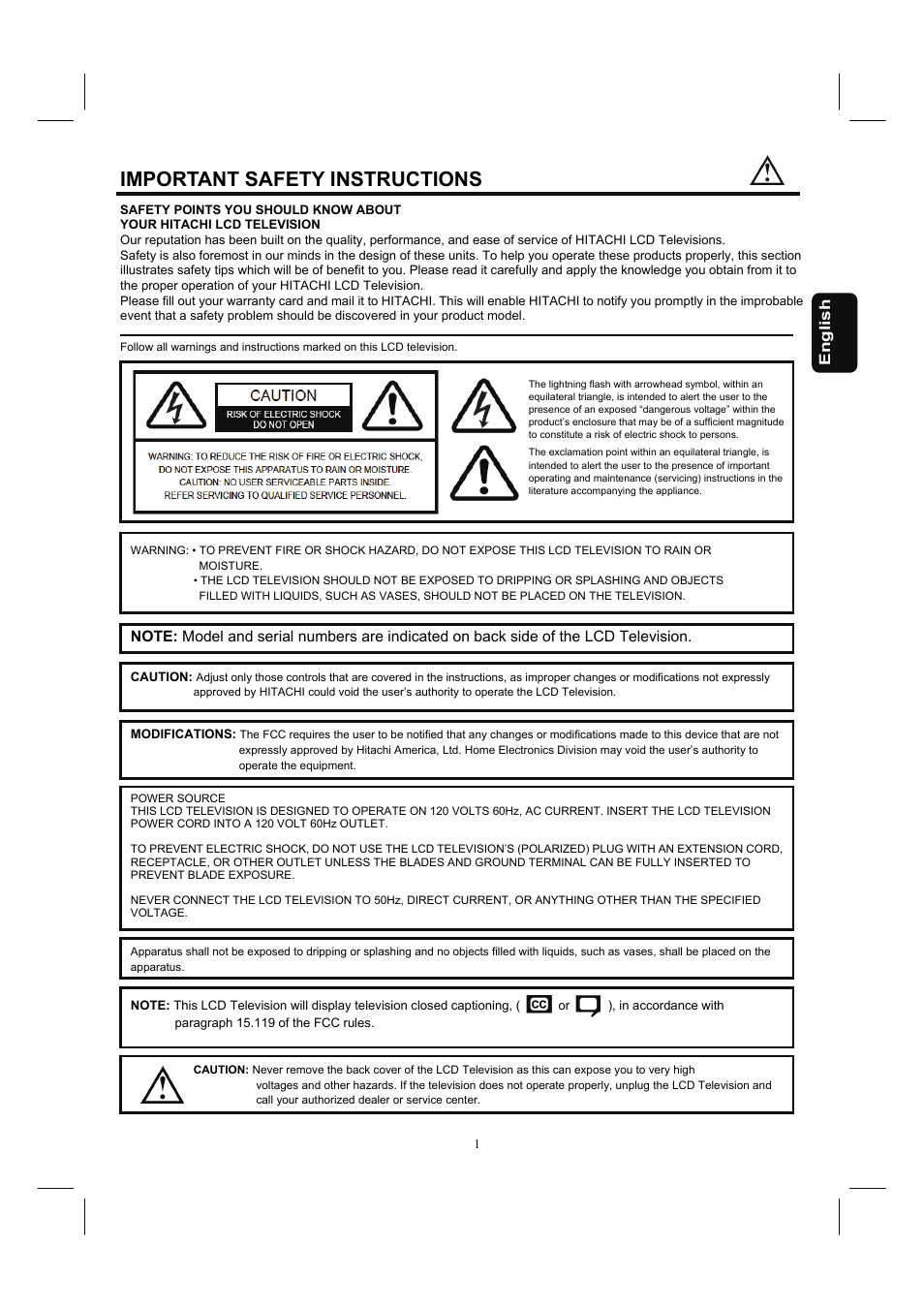 Important safety instructions | Hitachi 37HDL52A User Manual | Page 2 / 53