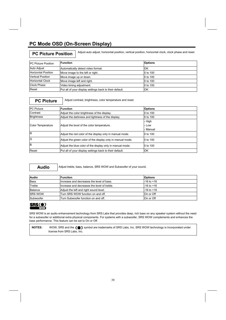 Pc mode osd (on-screen display), Pc picture position pc picture, Audio | Hitachi 37HDL52A User Manual | Page 39 / 53
