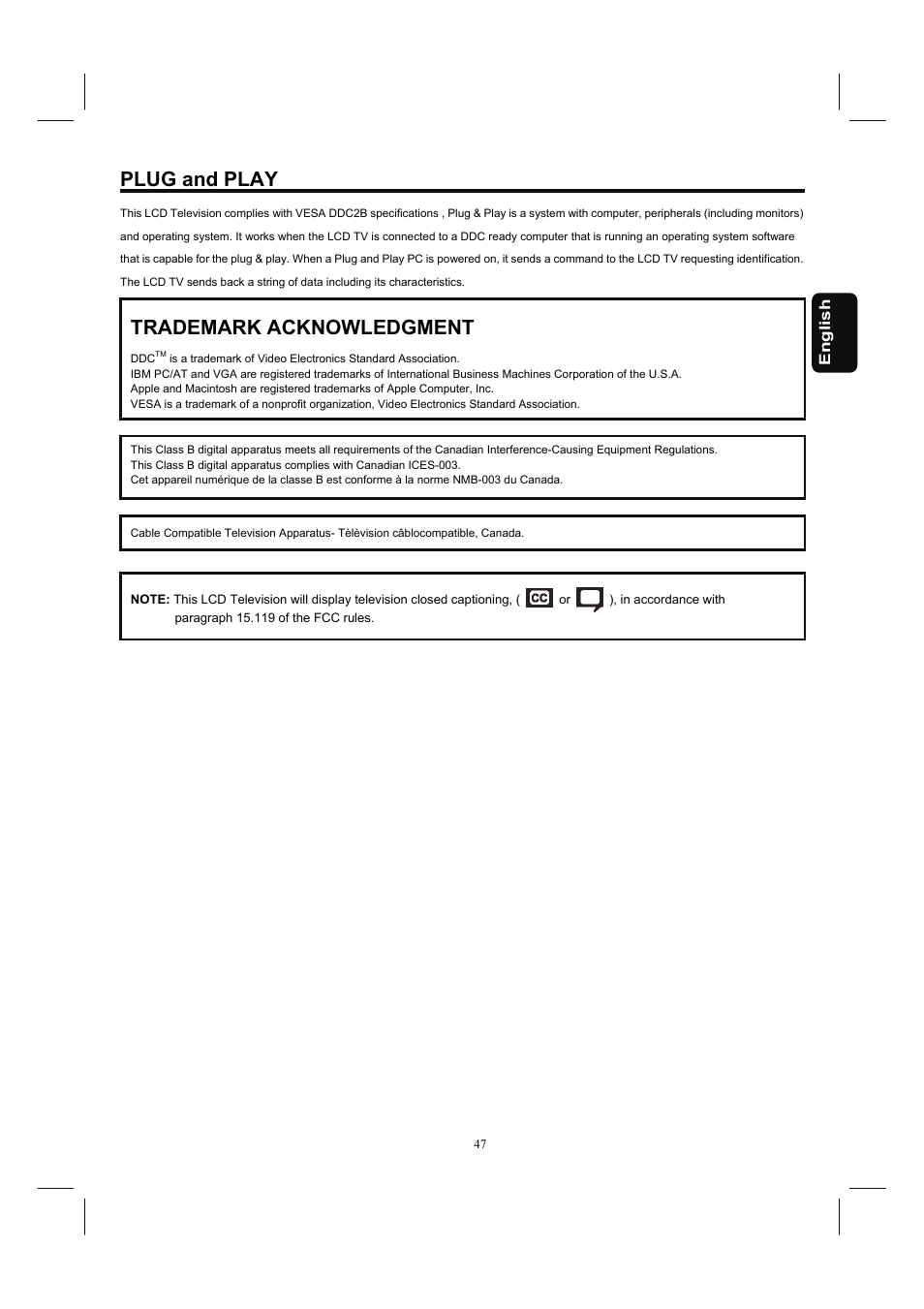 Plug and play, Trademark acknowledgment | Hitachi 37HDL52A User Manual | Page 48 / 53