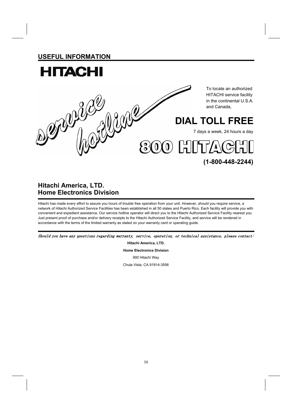 Dial toll free, Useful information, Hitachi america, ltd. home electronics division | Hitachi 37HDL52A User Manual | Page 51 / 53