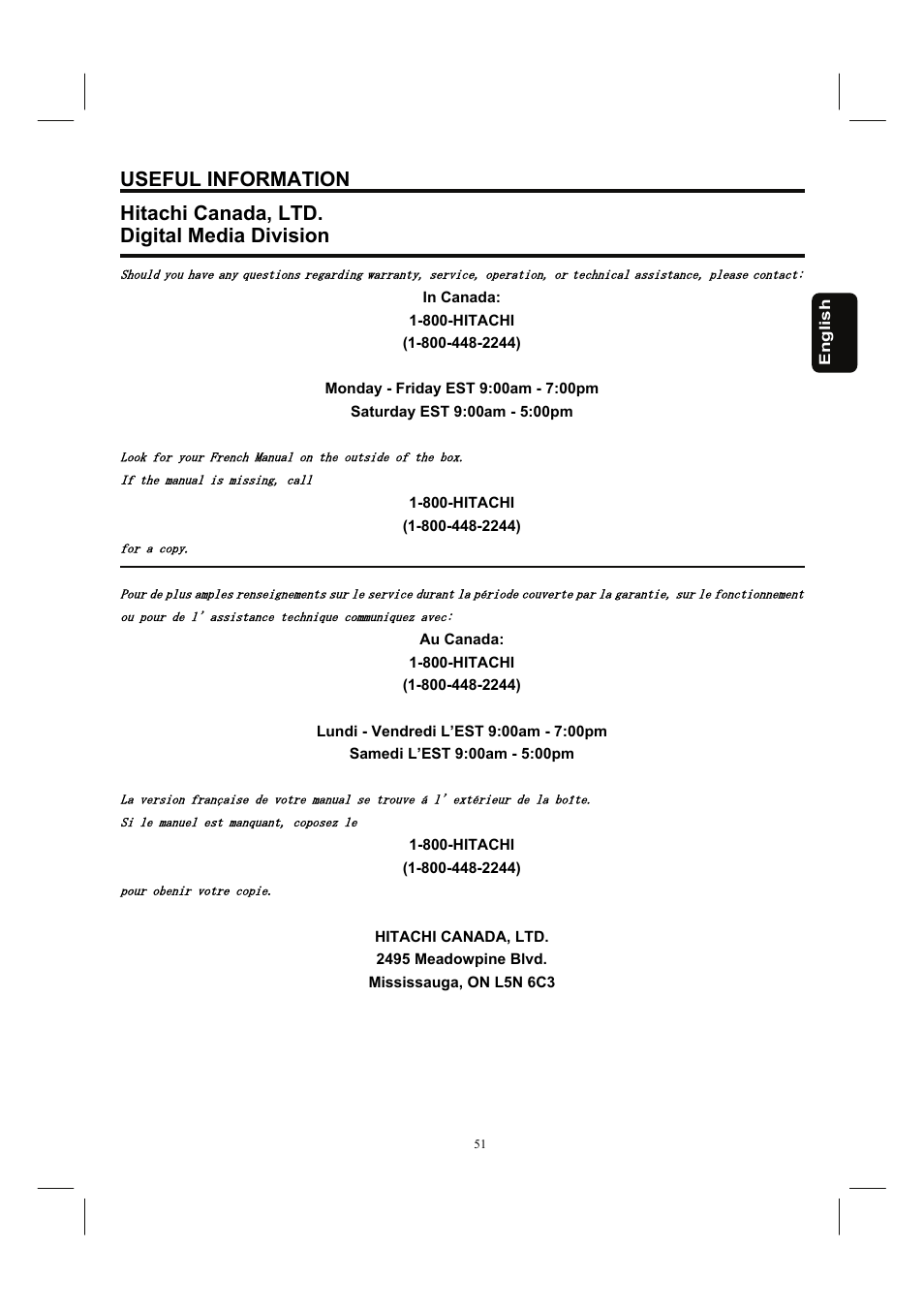 Useful information, Hitachi canada, ltd, Digital media division | Hitachi 37HDL52A User Manual | Page 52 / 53