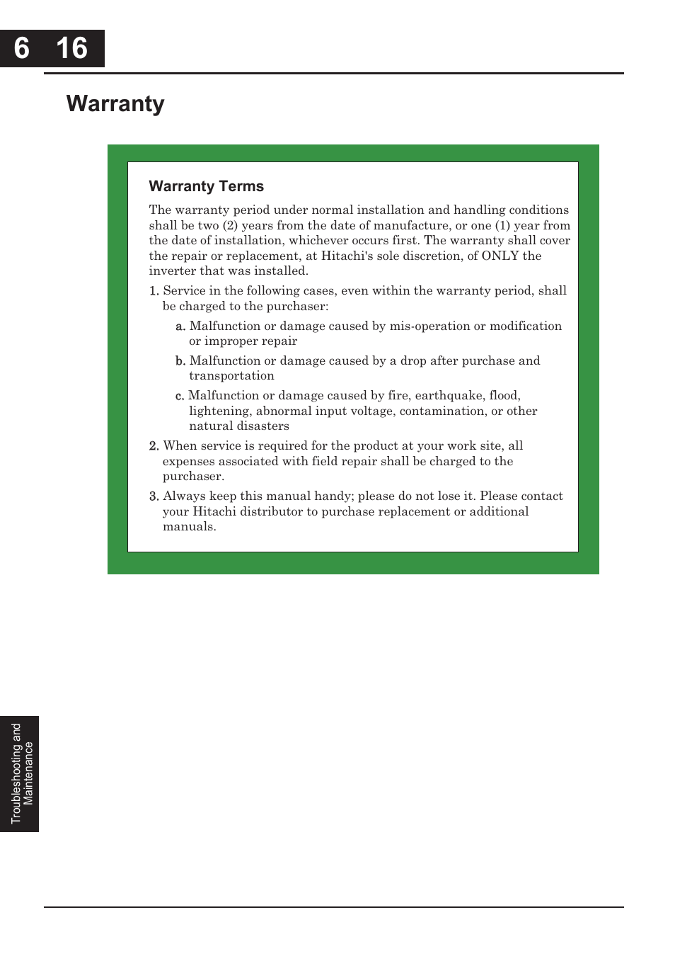 Warranty -16, Warranty | Hitachi CONVENTION 14 User Manual | Page 235 / 305
