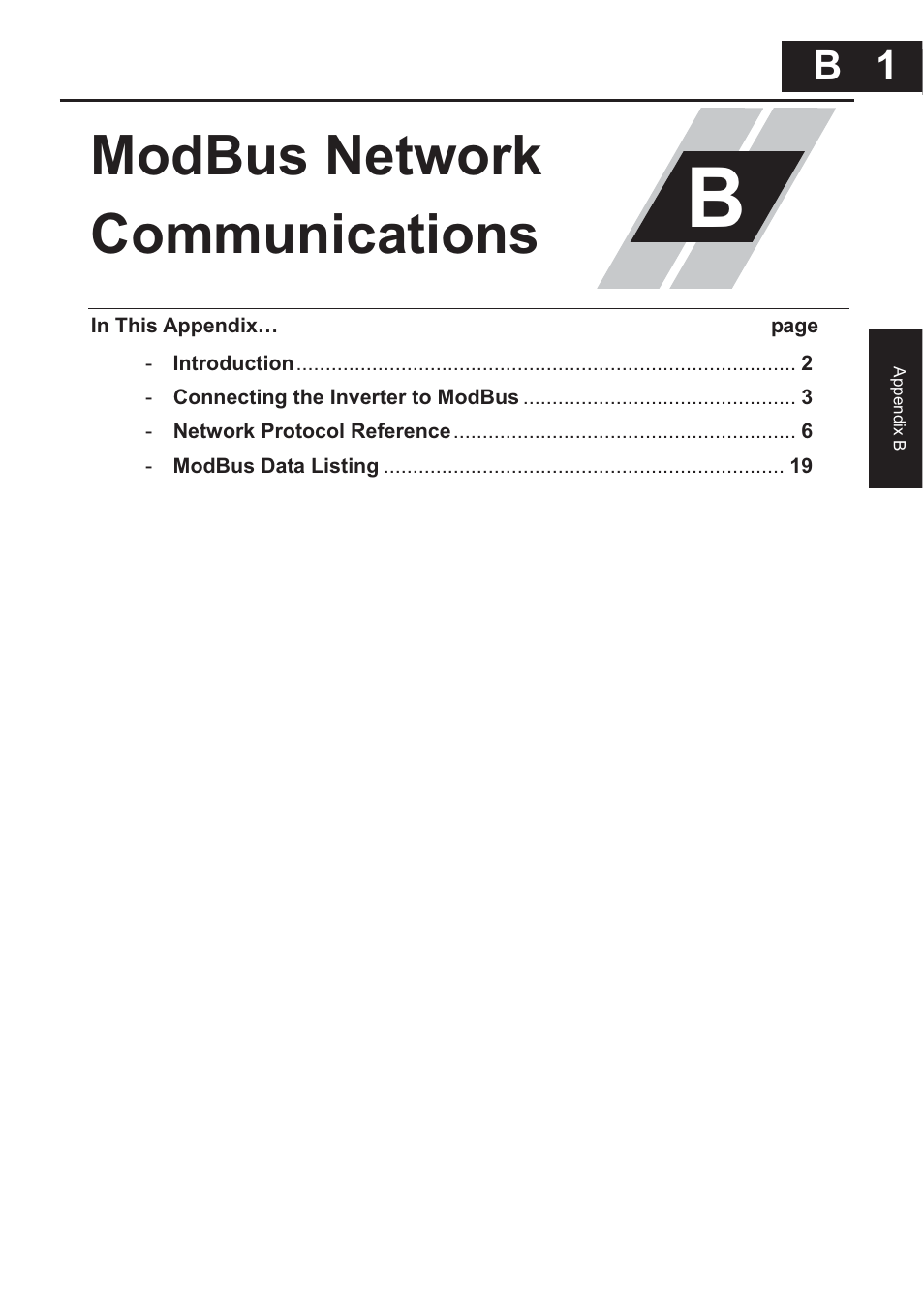 Appendix b: modbus network communications, Modbus network communications, B 1 | Hitachi CONVENTION 14 User Manual | Page 244 / 305