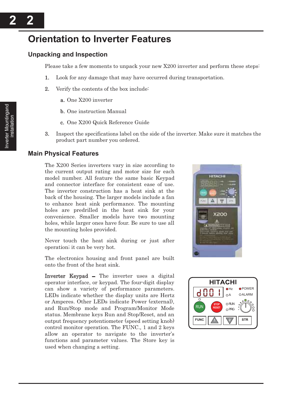 Orientation to inverter features -2, Orientation to inverter features, Unpacking and inspection | Main physical features | Hitachi CONVENTION 14 User Manual | Page 49 / 305