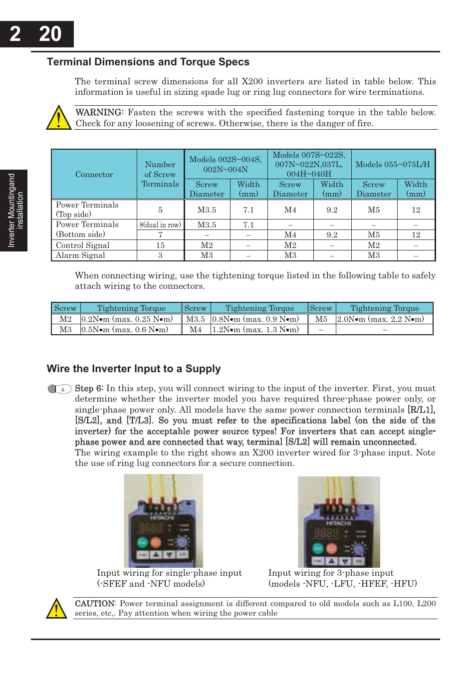 Terminal dimensions and torque specs, Wire the inverter input to a supply | Hitachi CONVENTION 14 User Manual | Page 67 / 305