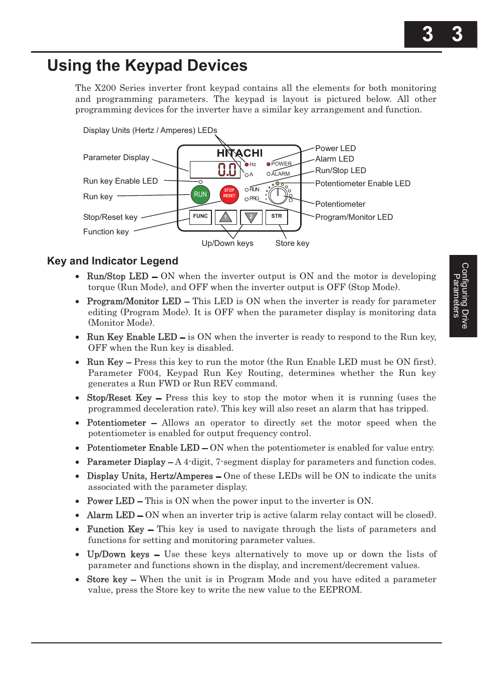 Using the keypad devices -3, Using the keypad devices, Key and indicator legend | Hitachi CONVENTION 14 User Manual | Page 86 / 305