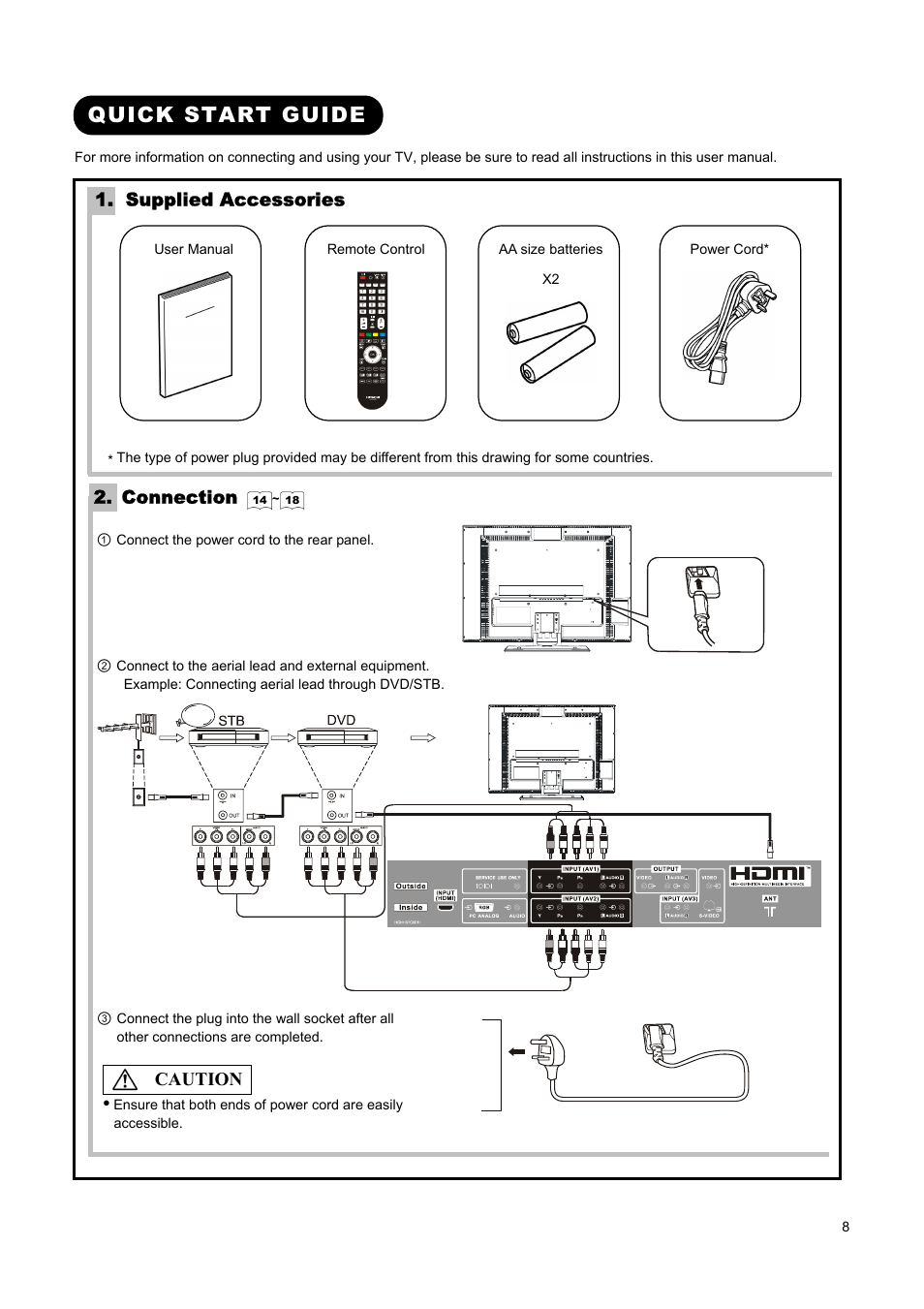 Quick start guide, Supplied accessories, Connection | Caution | Hitachi L37A01A User Manual | Page 10 / 49