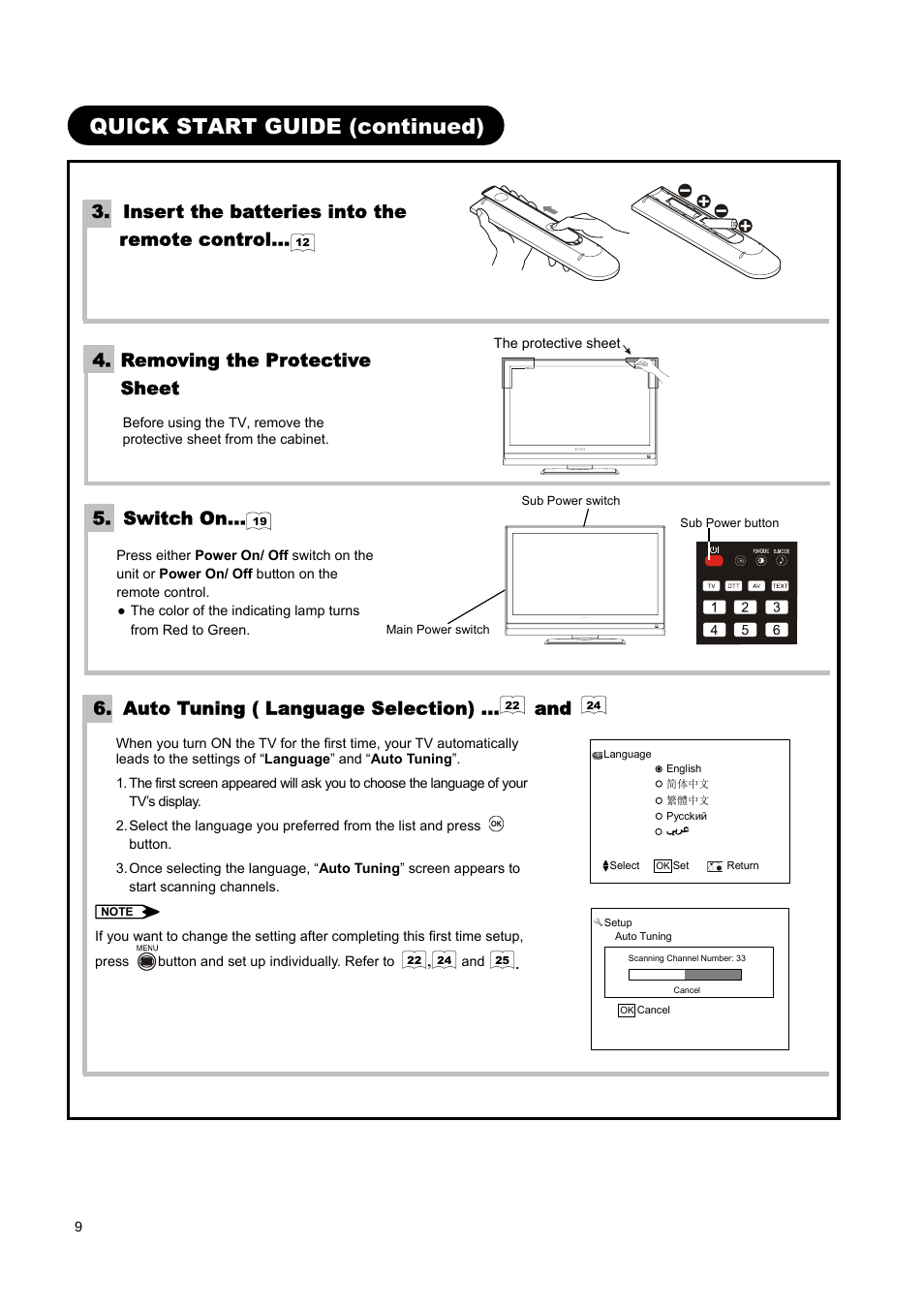 Quick start guide (continued), Insert the batteries into the remote control, Removing the protective sheet | Switch on, Auto tuning ( language selection) | Hitachi L37A01A User Manual | Page 11 / 49