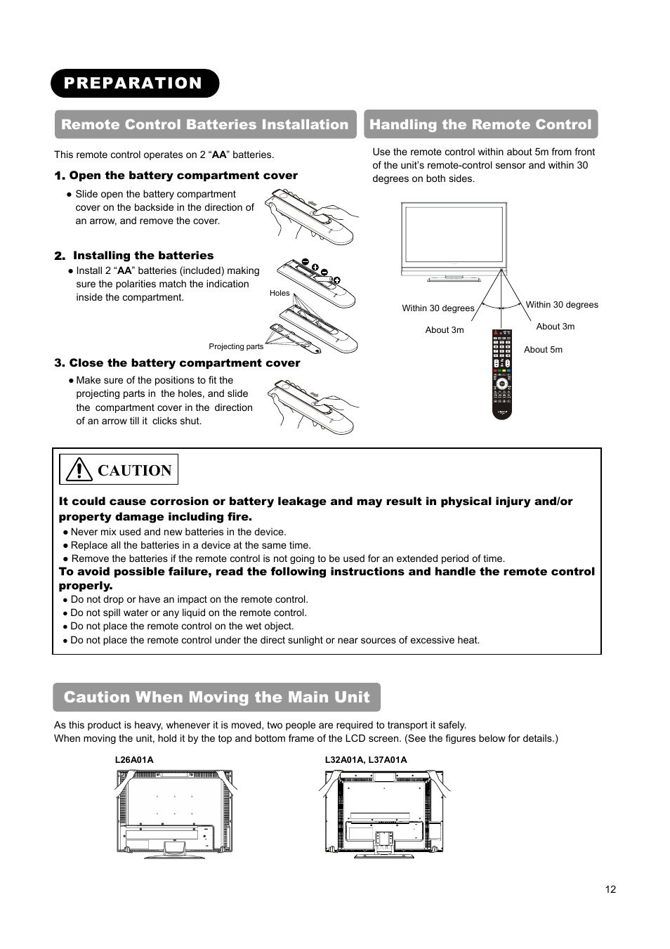 Preparation, Caution when moving the main unit, Caution | Hitachi L37A01A User Manual | Page 14 / 49