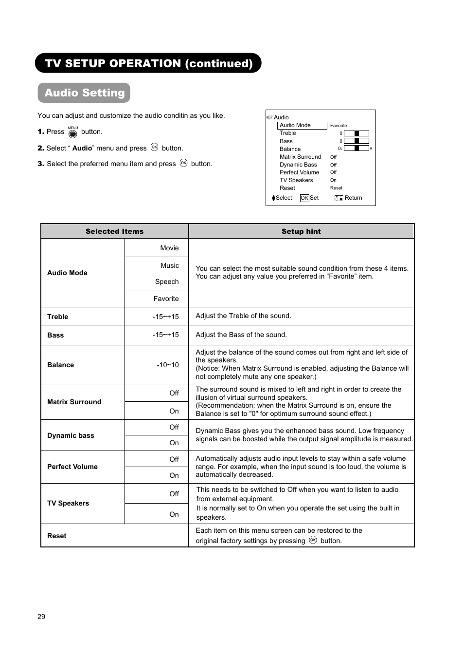 Tv setup operation (continued) audio setting | Hitachi L37A01A User Manual | Page 31 / 49